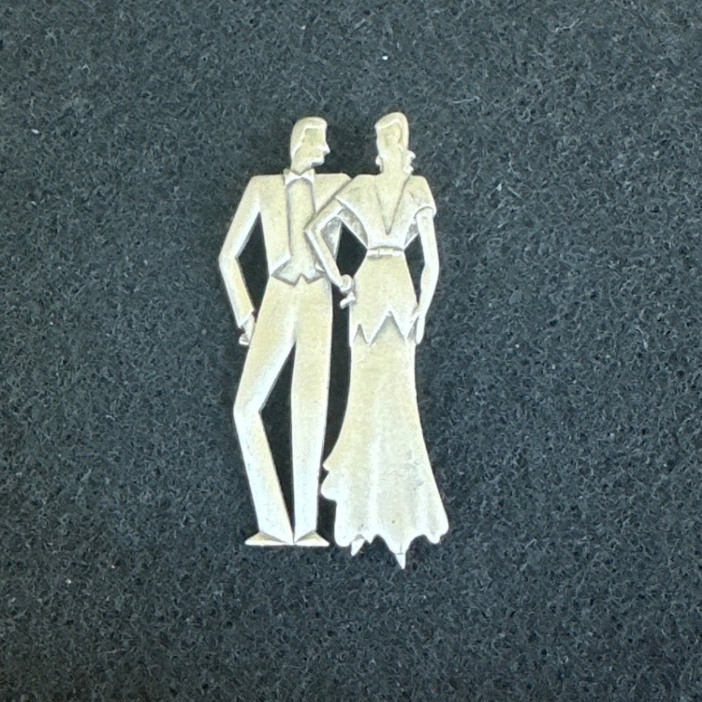 Vintage JJ Jonette Jewelry 1988 Pewter Art Deco Formal Couple Brooch Pin‎ EUC